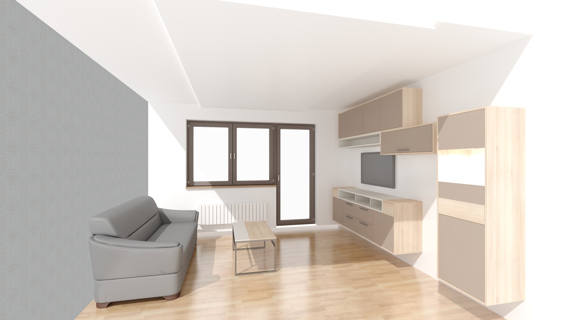 Wizualizacja salonu z szarą sofą, drewnianą podłogą i zabudową meblową w odcieniach beżu. Minimalistyczny stolik kawowy i okno z grzejnikiem dopełniają aranżację.