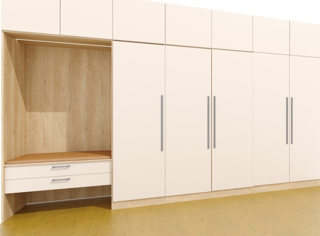 Biała szafa wnękowa z drewnianą wnęką z siedziskiem i szufladami, oświetlenie LED, minimalistyczny design, jasna podłoga.