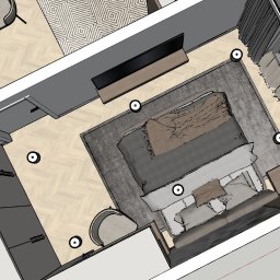 Michał Wilkosiński Conifer Media - Rzut z góry na wizualizację 3D sypialni z łóżkiem, szafką nocną z lampą, telewizorem i szafą w zabudowie. Parkiet ułożony w jodełkę francuską.