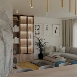 Jasne, przestronne wnętrze salonu z beżową sofą narożną, drewnianym regałem i designerskim oświetleniem. Na ścianie grafiki w czarnych ramach. Minimalistyczny, nowoczesny styl.