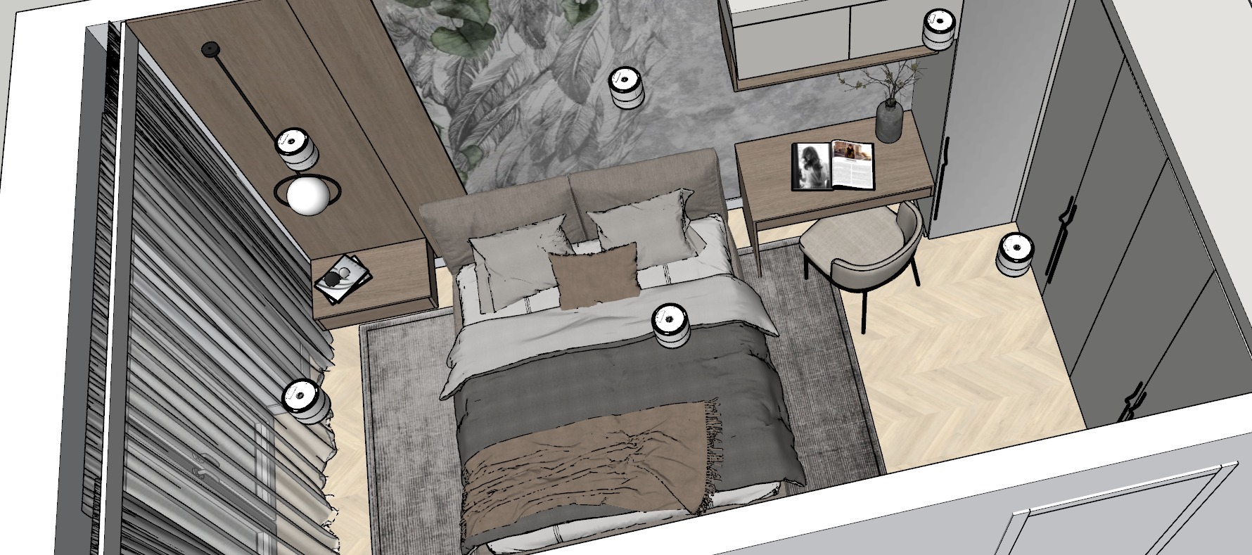 Wizualizacja sypialni z góry: łóżko z beżową pościelą, biurko z krzesłem, wzorzysta tapeta. Ujęcie z perspektywy sufitu prezentuje układ i styl wnętrza.