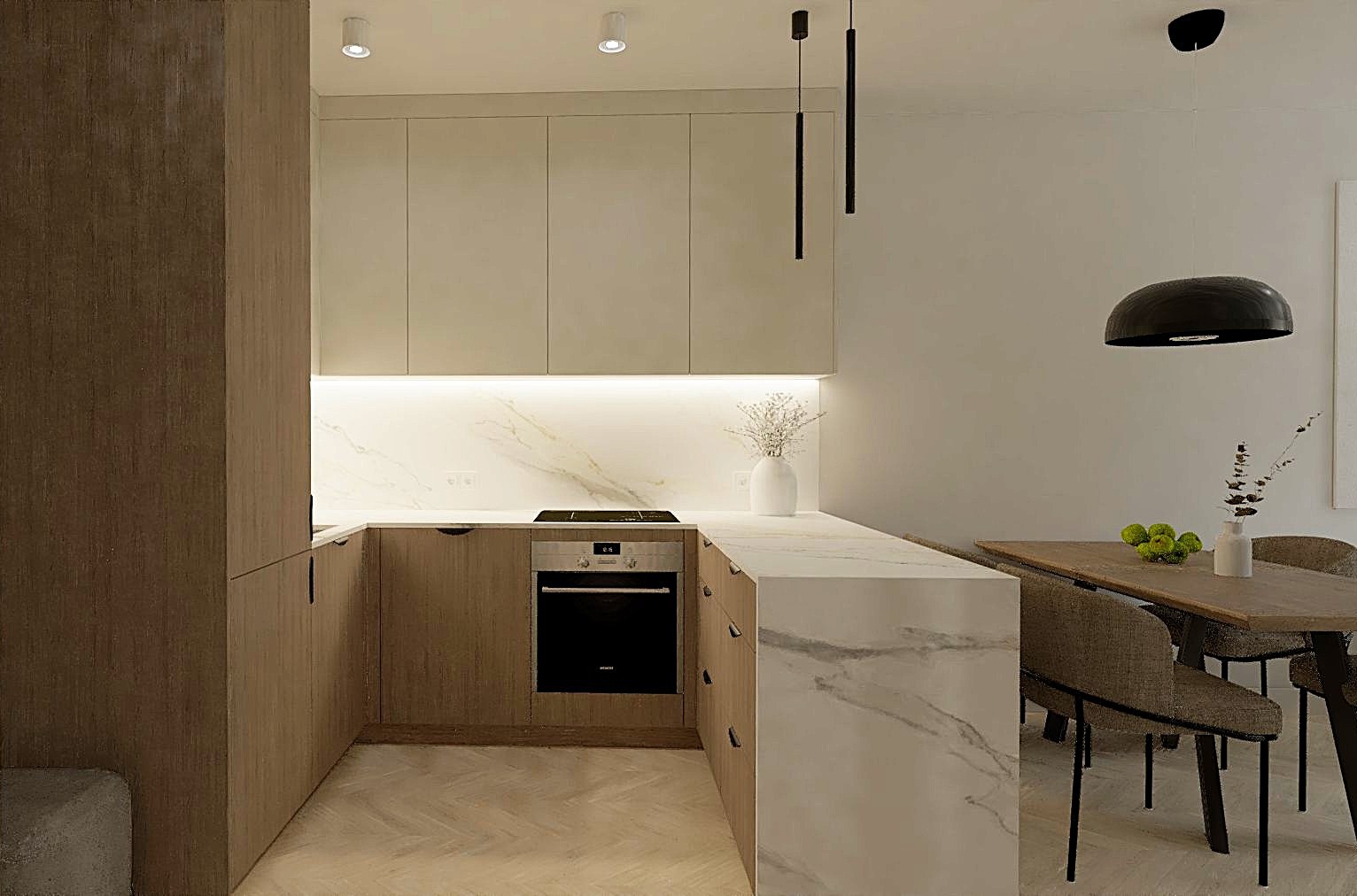 Kuchnia z salonem i jadalnią, mieszkanie 42m2 z oddzielną sypialnią.