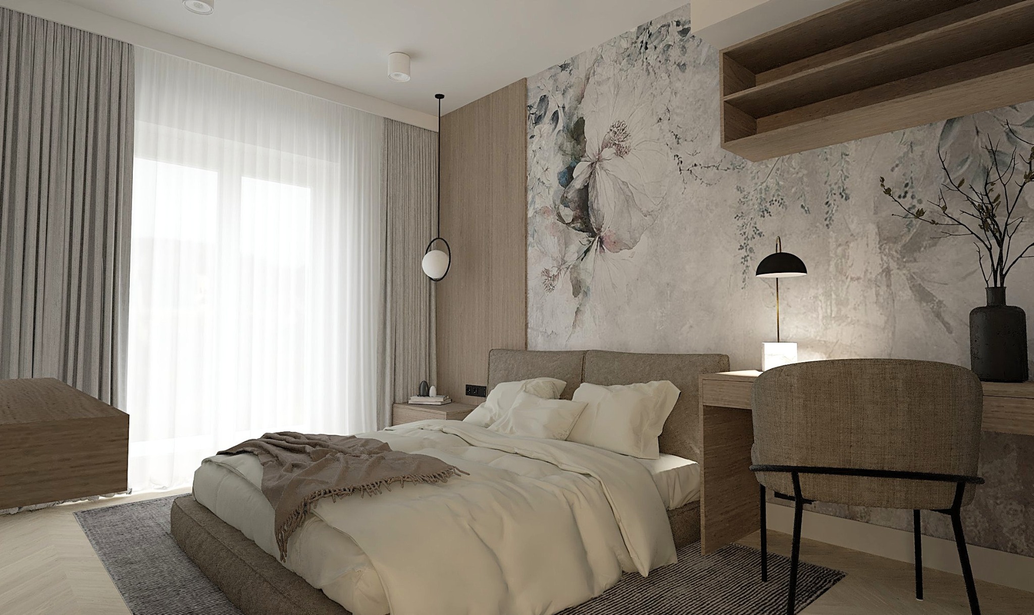 Sypialnia w mieszkaniu 42m2, z dużym łóżkiem oraz pojemnymi szafami i biurkiem do pracy.