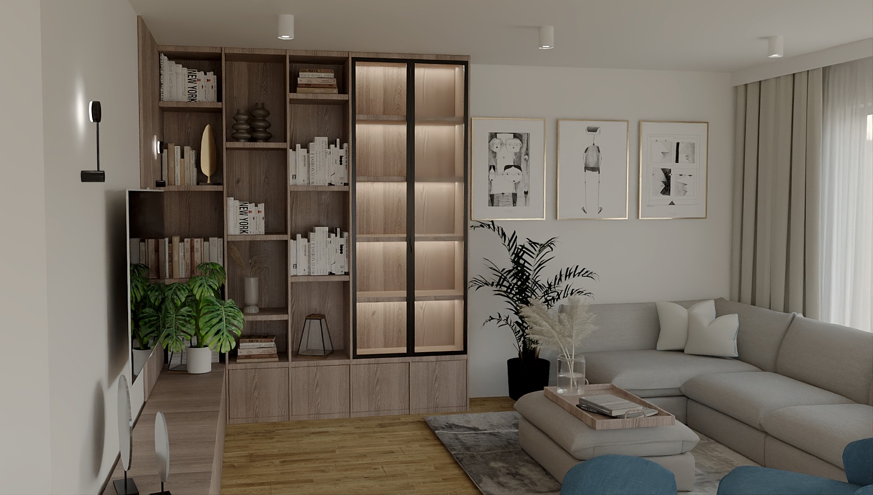 Nowoczesny salon z regałem na książki, szarą sofą narożną i abstrakcyjnymi obrazami w złotych ramach. Wnętrze doświetlone lampami sufitowymi i kinkietem.