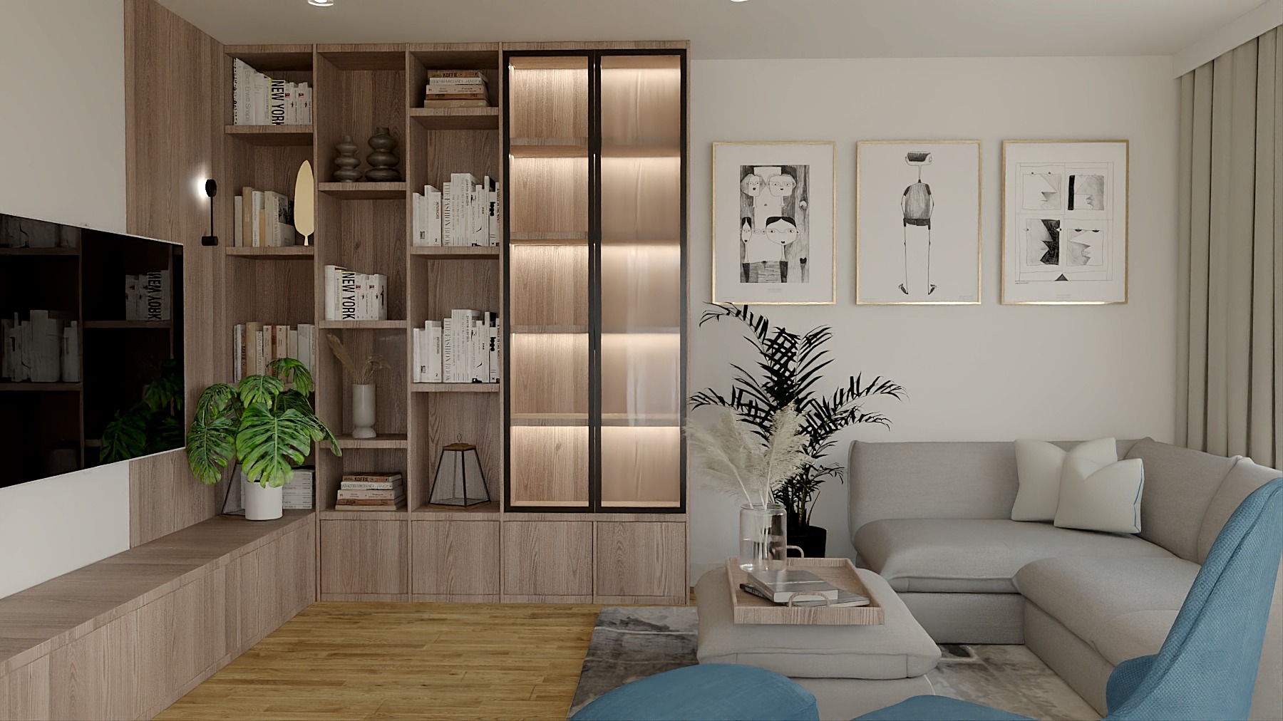 Nowoczesny salon z regałem na książki, szarą sofą narożną i dekoracyjnymi obrazami na ścianie. Oświetlenie LED w regale dodaje ciepła. Minimalistyczny design.