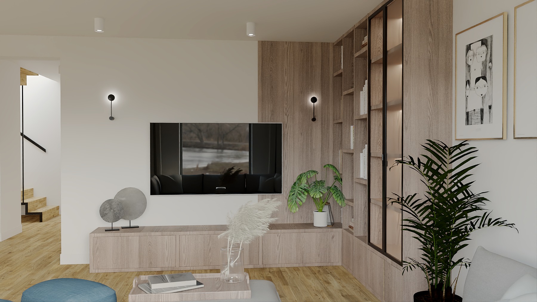 Jasne, minimalistyczne wnętrze: drewniana zabudowa TV z półkami, rośliny doniczkowe, okrągłe lampy ścienne i schody w tle. Całość w neutralnej kolorystyce.