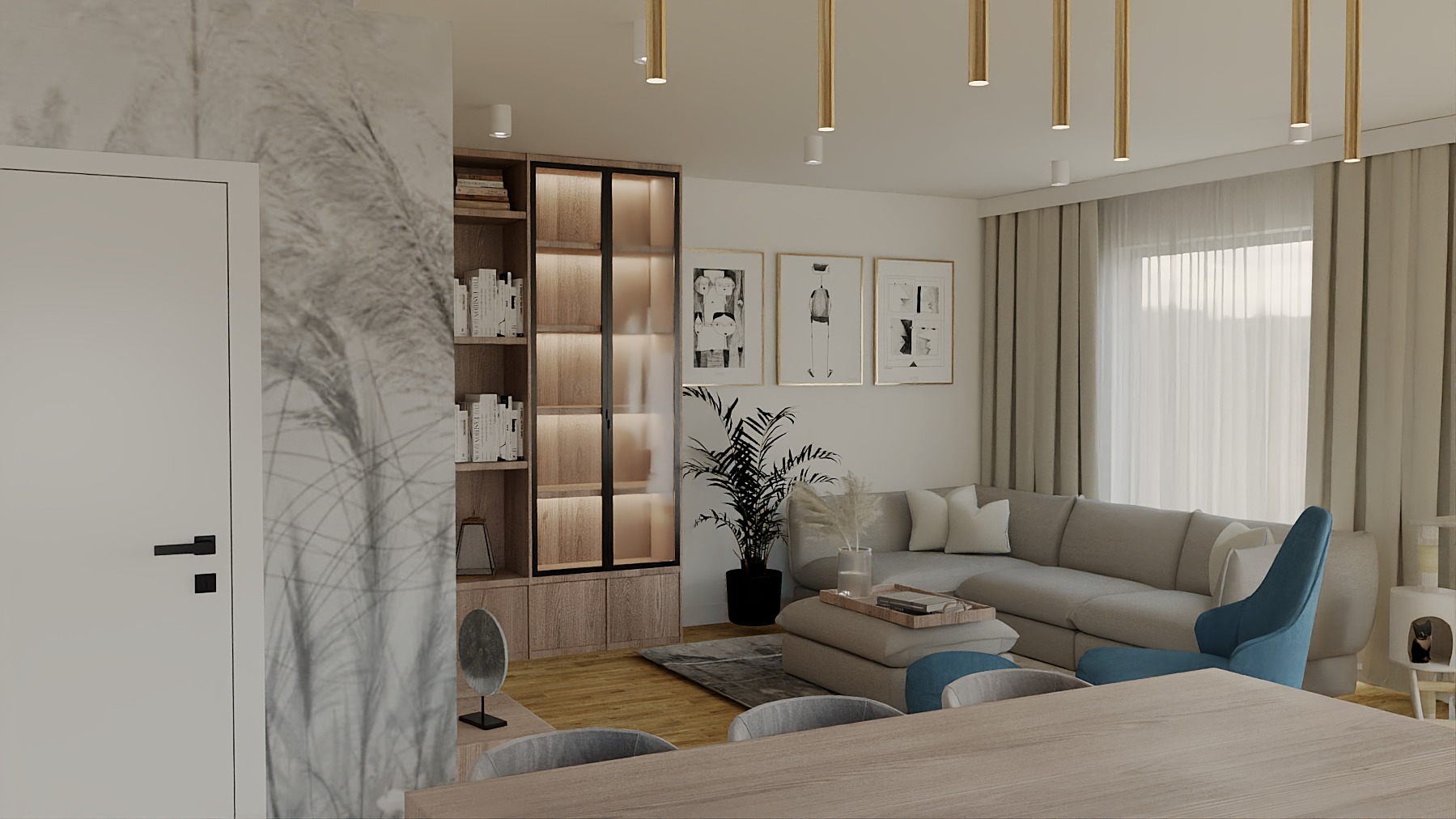 Jasne, przestronne wnętrze salonu z beżową sofą narożną, drewnianym regałem i designerskim oświetleniem. Na ścianie grafiki w czarnych ramach. Minimalistyczny, nowoczesny styl.