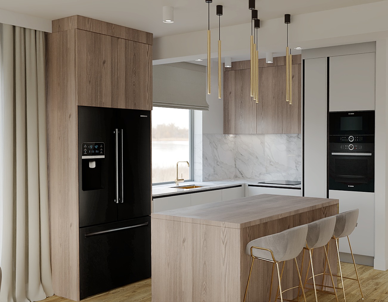 Nowoczesna kuchnia: czarna lodówka Samsung, marmurowa ściana, wyspa z krzesłami barowymi i złotymi lampami wiszącymi. Jasne drewno i minimalizm.