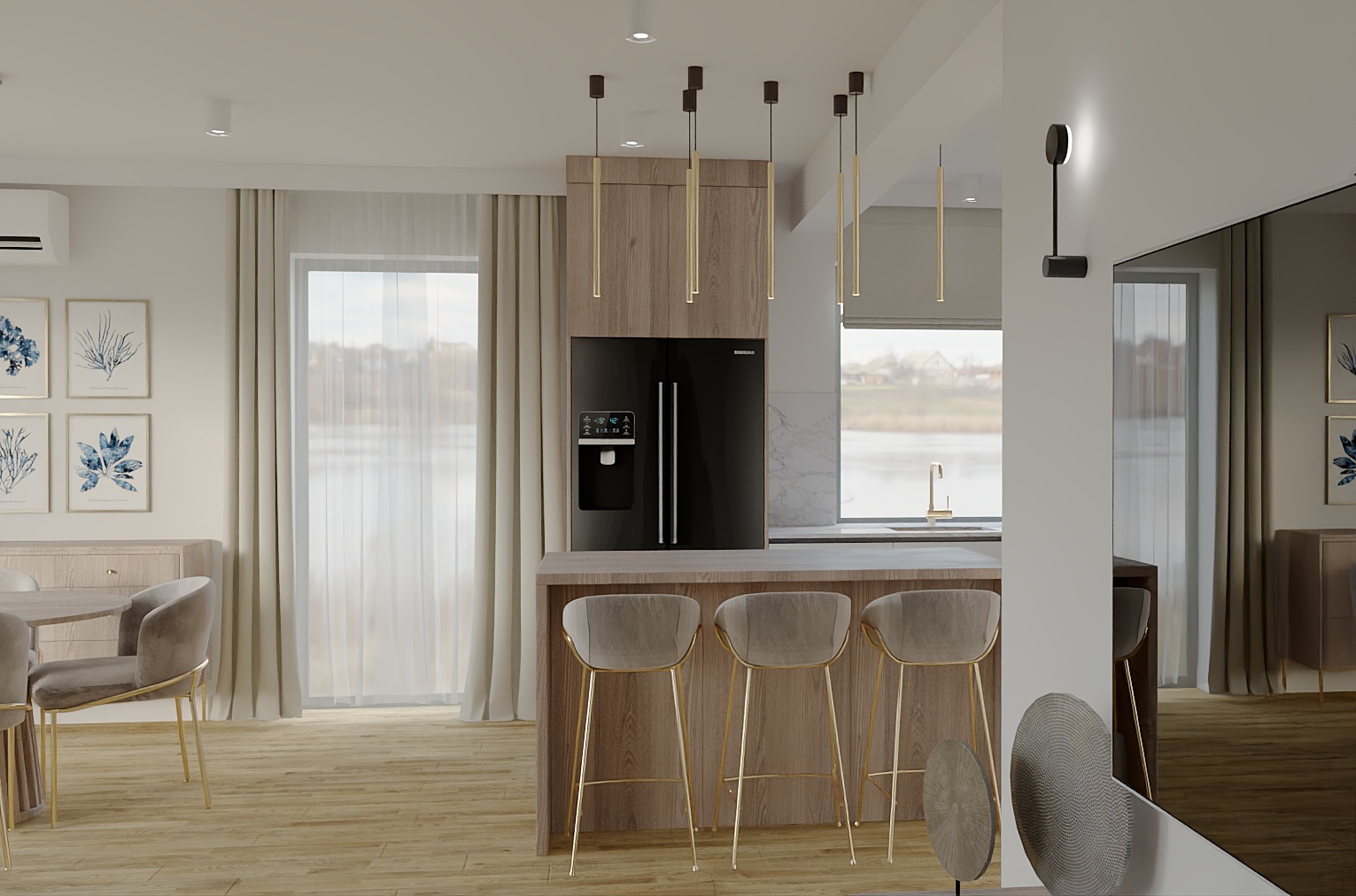 Nowoczesna kuchnia z wyspą, drewnianymi szafkami i czarną lodówką. Widok na jezioro przez okno. Krzesła barowe z złotymi nogami. Dekoracje ścienne z motywami roślinnymi.