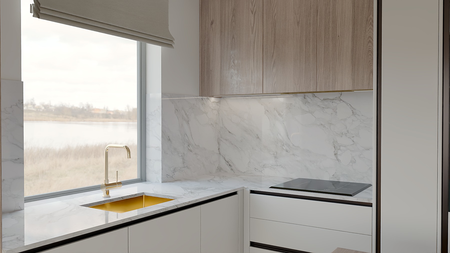 Nowoczesna kuchnia w Jelcz-Laskowice: białe szafki, marmurowy backsplash, złota armatura przy oknie z widokiem na jezioro. Minimalistyczny design i naturalne światło.