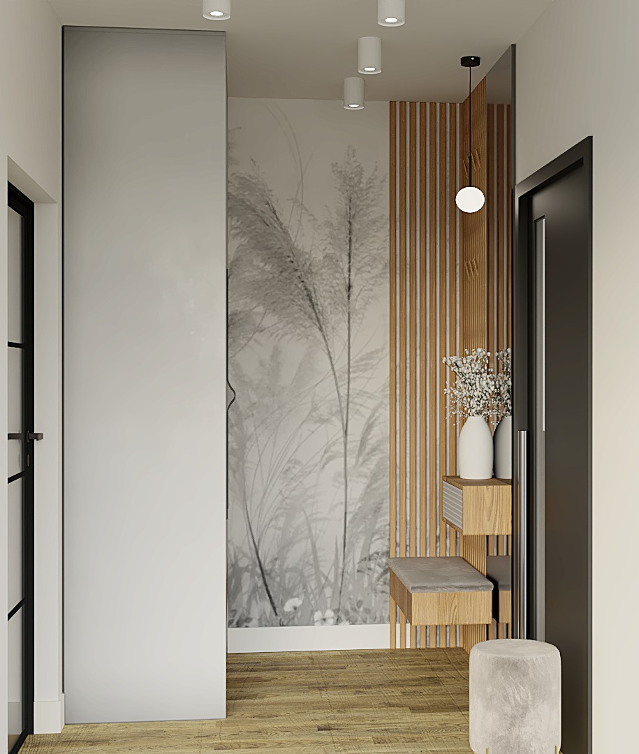 Nowoczesny przedpokój z tapetą w trawy, drewnianą lamperią, minimalistyczną konsolą i pufem. Oświetlenie punktowe i wisząca lampa. Jasna kolorystyka.