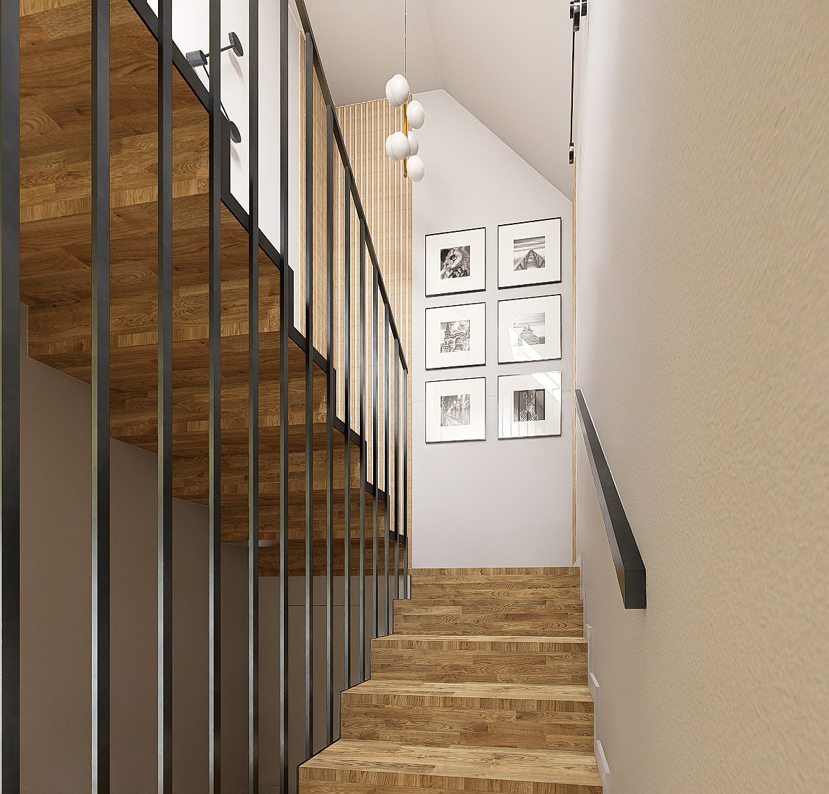 Schody z drewnianymi stopniami i czarną metalową balustradą. Na ścianie galeria sześciu czarno-białych zdjęć. Nowoczesne oświetlenie. Jasne wnętrze.