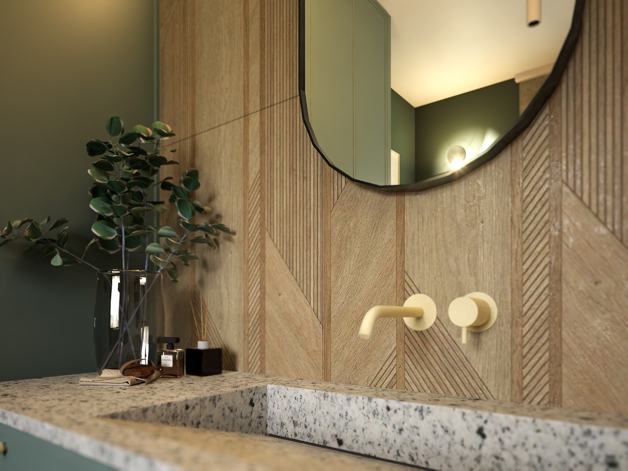 Nowoczesna łazienka z drewnianą ścianą w geometryczny wzór, okrągłe lustro i blatem z lastryko. Złota armatura i dekoracje dodają elegancji.