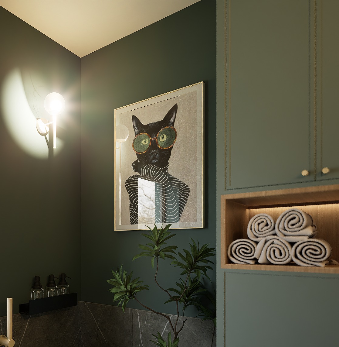 Stylowa łazienka z zielonymi ścianami, oświetleniem punktowym i dekoracyjnym obrazem kota w okularach. Ułożone ręczniki w podświetlanej wnęce.