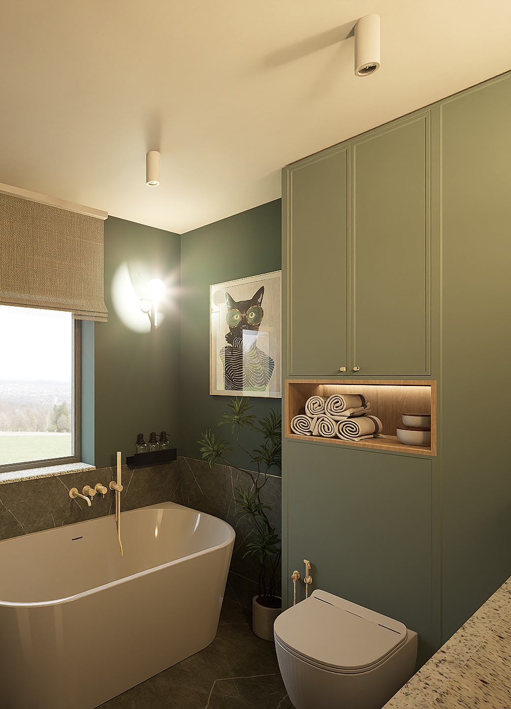 Nowoczesna łazienka w odcieniach zieleni z wolnostojącą wanną, marmurowymi płytkami i szafką z ręcznikami podświetloną LED, akcentuje ją grafika kota w okularach.