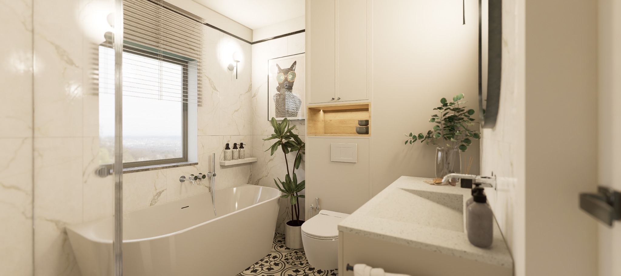 Jasna łazienka z oknem i wolnostojącą wanną. Marmurowe płytki, wzorzysta podłoga, roślina doniczkowa. Nad wanną półka z kosmetykami. Nowoczesny design.