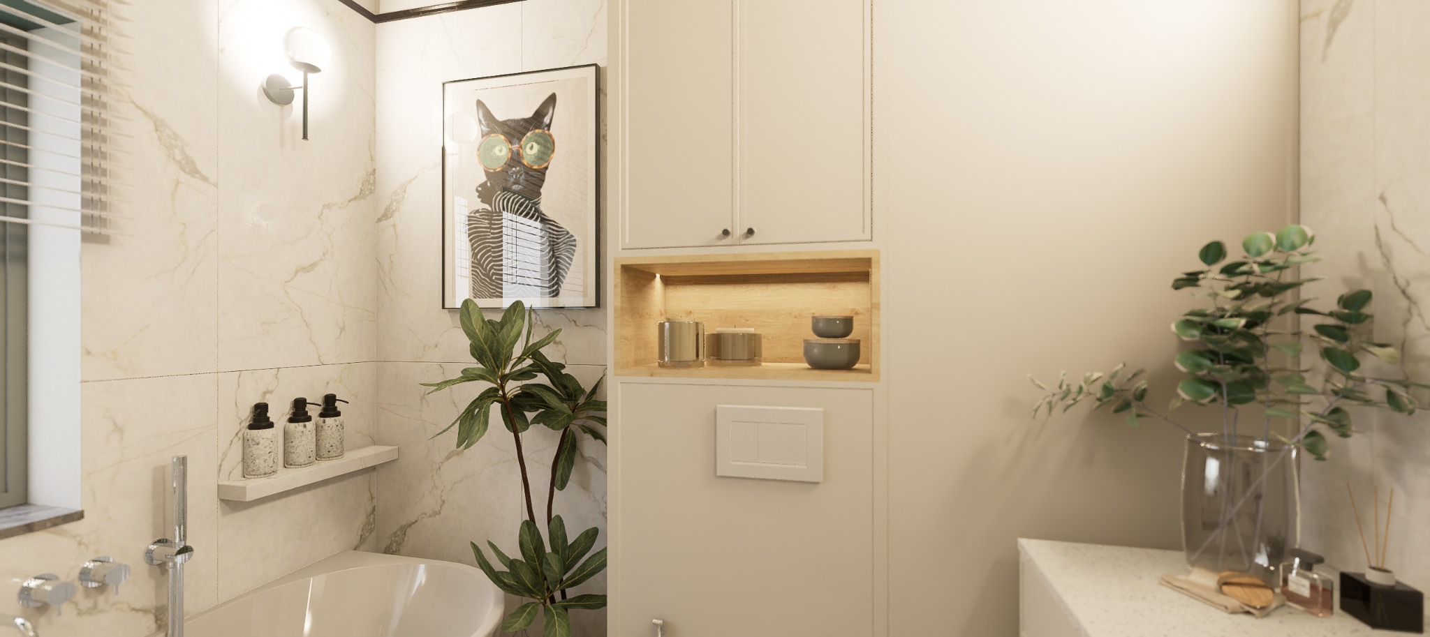 Jasna łazienka z marmurowymi płytkami, roślinami i grafiką kota w okularach. Minimalistyczny design, ciepłe oświetlenie, wanna i zabudowa z półkami.