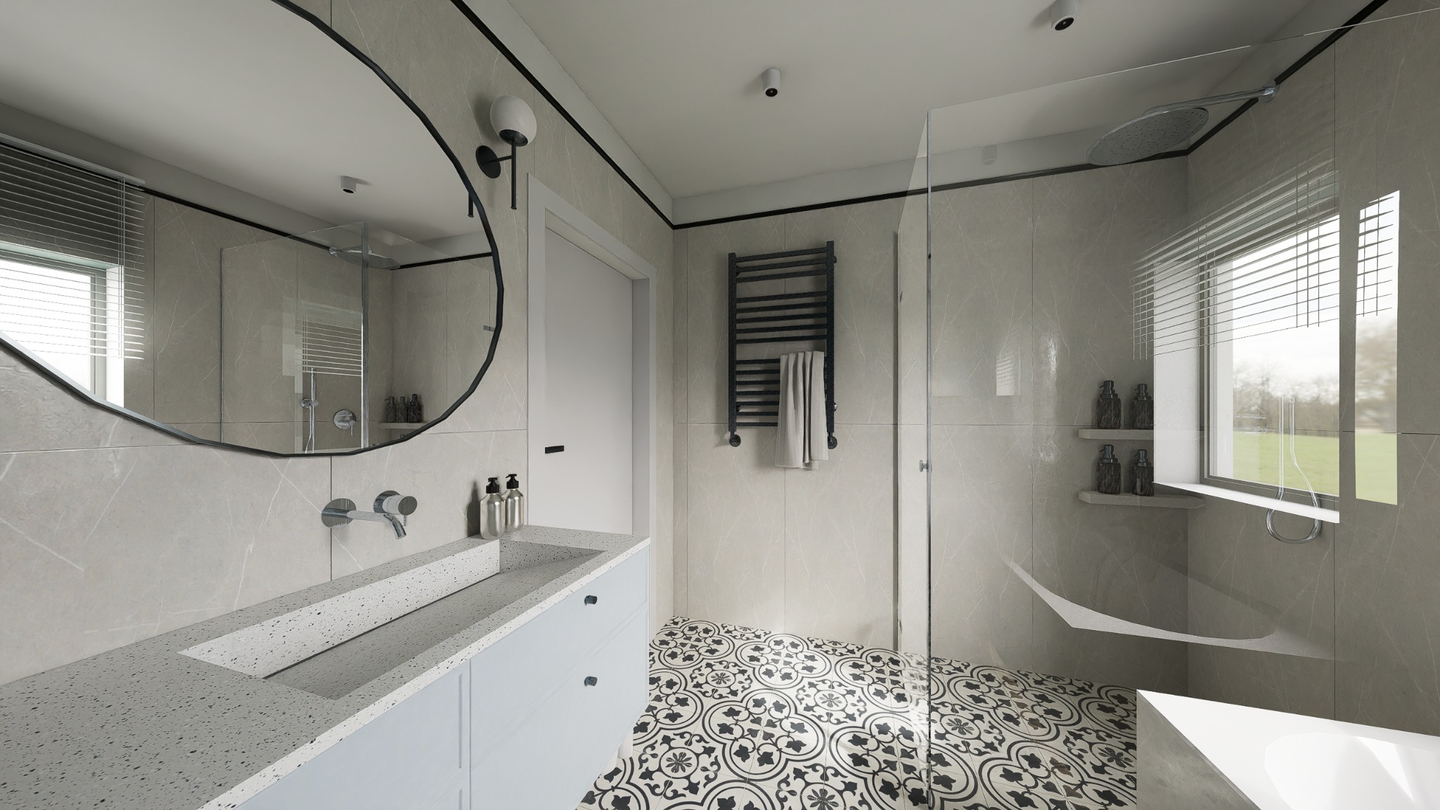 Nowoczesna łazienka z okrągłym lustrem, wzorzystą podłogą i szklanym prysznicem. Jasne płytki imitujące marmur, minimalistyczna armatura i designerski grzejnik.