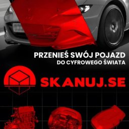 StronyDlaKażdego - Grafika promująca skanowanie 3D pojazdów: szary samochód, czerwone elementy graficzne, hasło 'Przenieś swój pojazd do cyfrowego świata'.