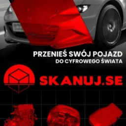 Grafika promująca skanowanie 3D pojazdów: szary samochód, czerwone elementy graficzne, hasło 'Przenieś swój pojazd do cyfrowego świata'.