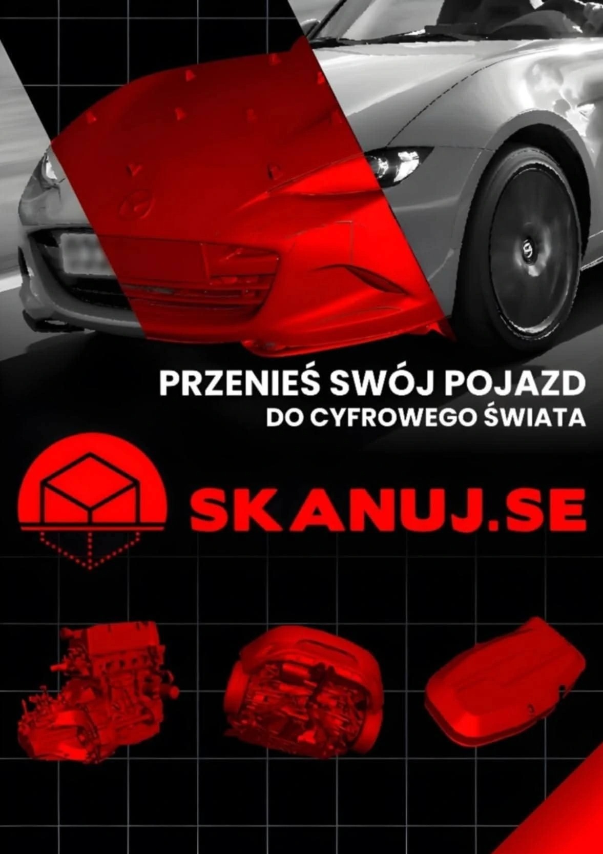 Grafika promująca skanowanie 3D pojazdów: szary samochód, czerwone elementy graficzne, hasło 'Przenieś swój pojazd do cyfrowego świata'.