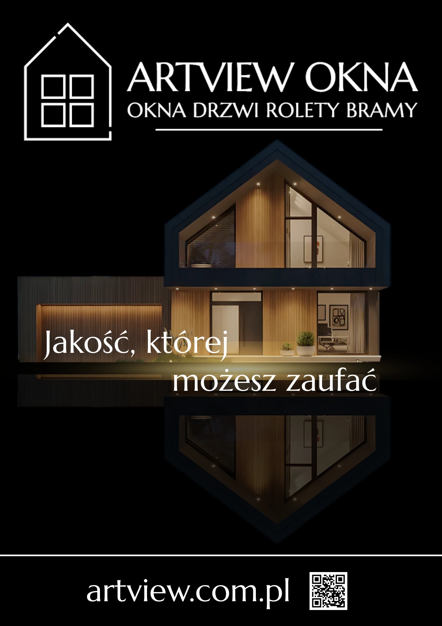 Dwuczęściowa ulotka reklamowa firmy Artview Okna, prezentująca ofertę okien, drzwi, rolet i bram w nowoczesnym stylu z hasłem 'Jakość, której możesz zaufać'.