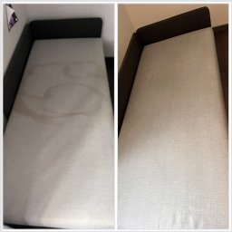 Mobilne Pranie Tapicerki Starogard Gdański i okolice - Zdjęcie typu 'przed i po' przedstawia tapicerkę sofy: po lewej z wyraźnymi plamami, po prawej czysta, bez śladów zabrudzeń. Widoczne zbliżenie na tkaninę.