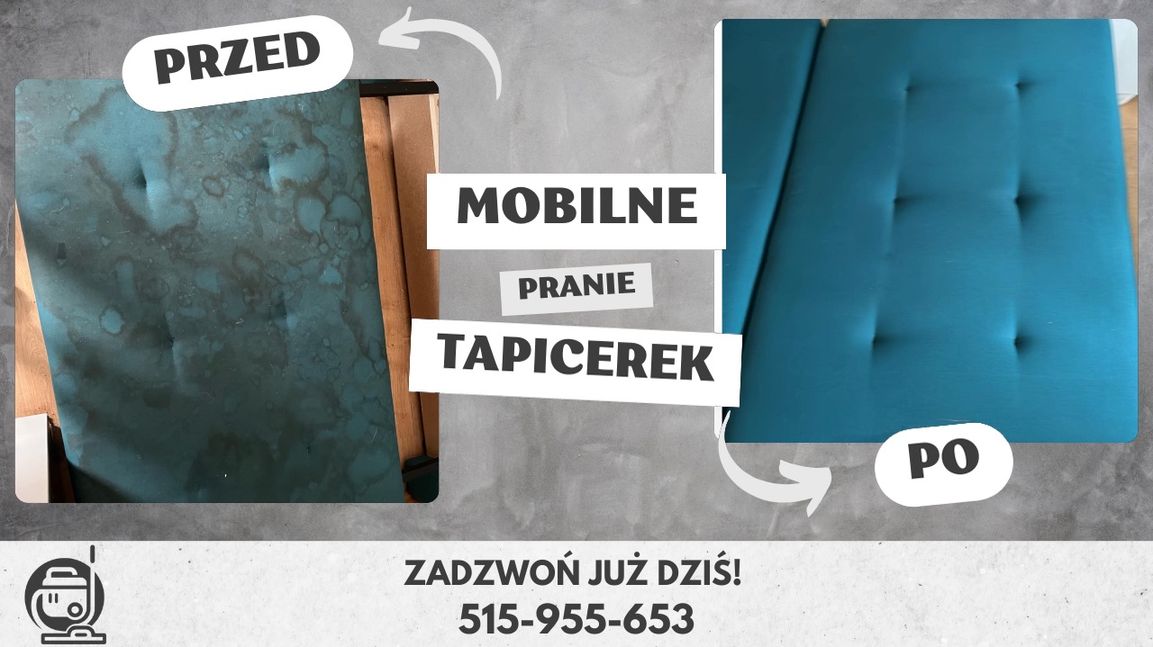 Zdjęcie 'przed i po' prezentujące efekt czyszczenia tapicerki. Po lewej stronie widoczna brudna, ciemna tkanina, po prawej - czysta, turkusowa tapicerka z regularnymi wgłębieniami.