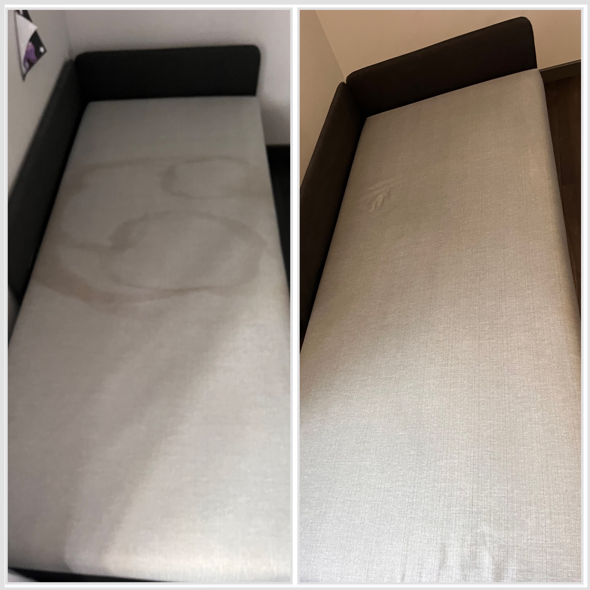 Zdjęcie typu 'przed i po' przedstawia tapicerkę sofy: po lewej z wyraźnymi plamami, po prawej czysta, bez śladów zabrudzeń. Widoczne zbliżenie na tkaninę.