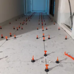 Układanie płytek na podłodze z użyciem systemu poziomowania, widoczne krzyżyki dystansowe i klipsy. Perspektywa w głąb korytarza, jasne płytki imitujące kamień.