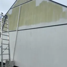 Elewacja domu w trakcie czyszczenia, widoczna drabina i fragment ściany z nałożonym preparatem, ukazujący różnicę przed i w trakcie zabiegu.