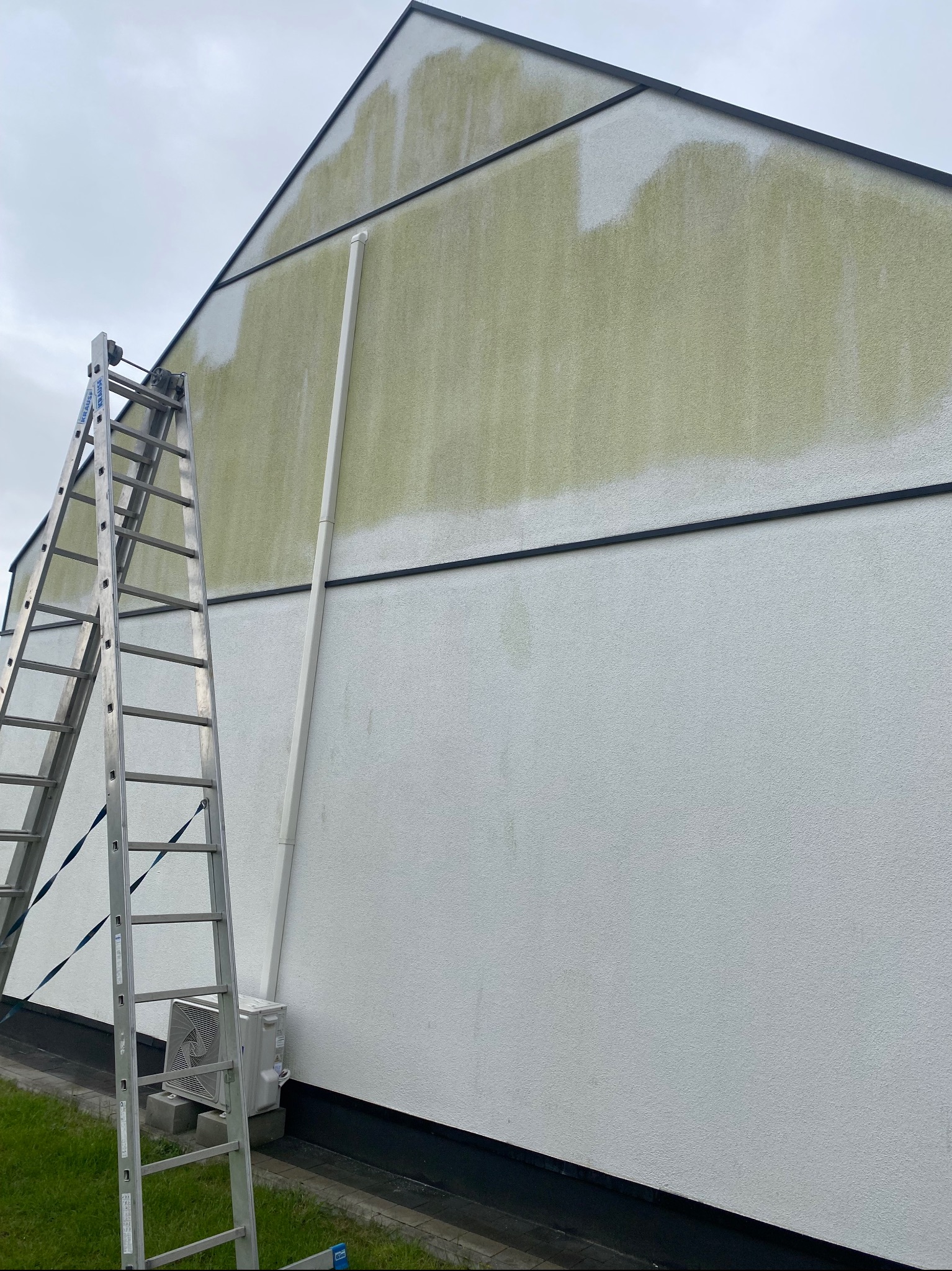 Fragment ściany budynku w trakcie czyszczenia, widoczny kontrast między umytą a zabrudzoną częścią elewacji. Przystawiona drabina i rura spustowa.