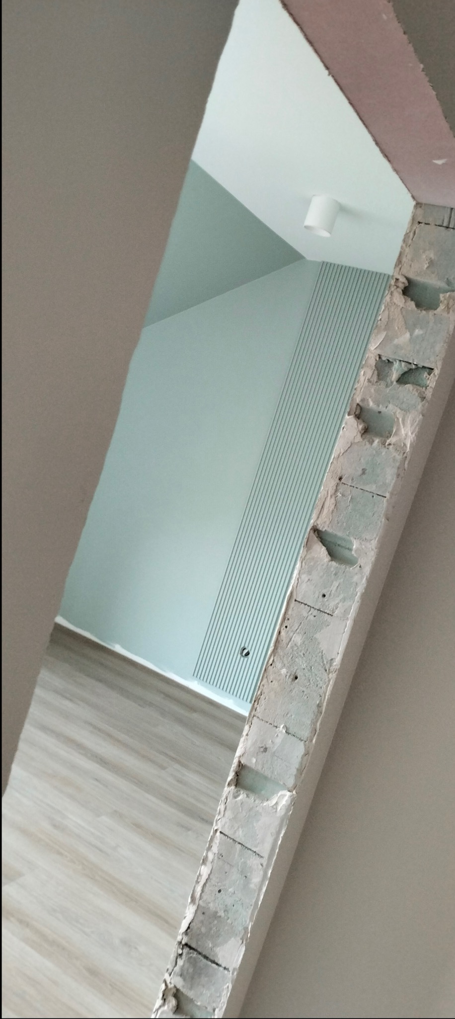 Wnętrze w trakcie prac: widok przez otwór w ścianie na wykończone pomieszczenie z panelami ściennymi, podłogą i oświetleniem. Surowy beton kontrastuje z nowoczesnym designem.