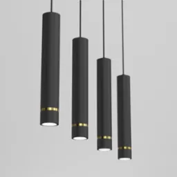 Cztery cylindryczne lampy wiszące w kolorze czarnym z złotymi akcentami, oświetlające przestrzeń. Minimalistyczny design oświetlenia sufitowego.