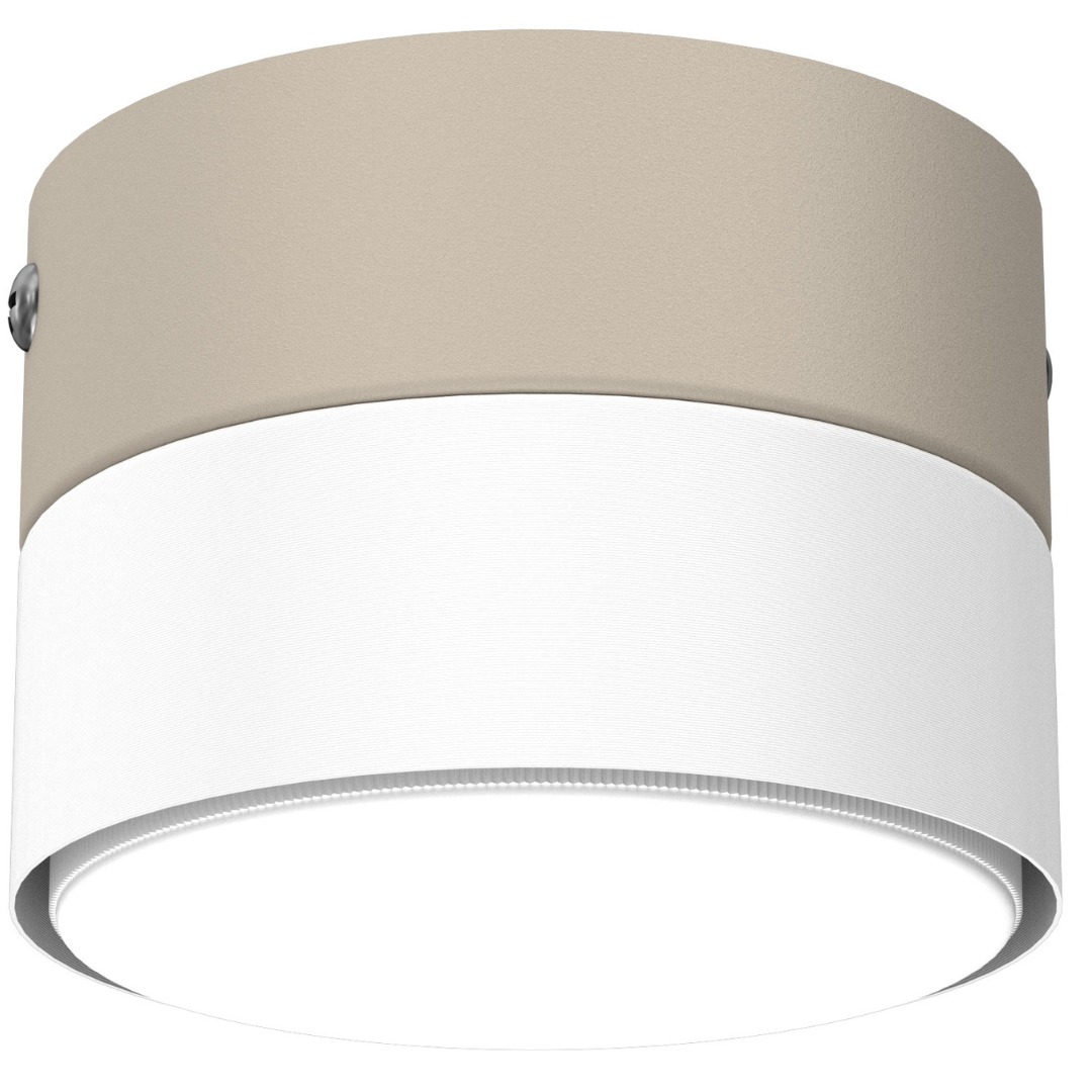 Beżowo-biała, okrągła lampa sufitowa w minimalistycznym stylu, z delikatnym światłem. Widoczne mocowania. Idealna do nowoczesnych wnętrz.