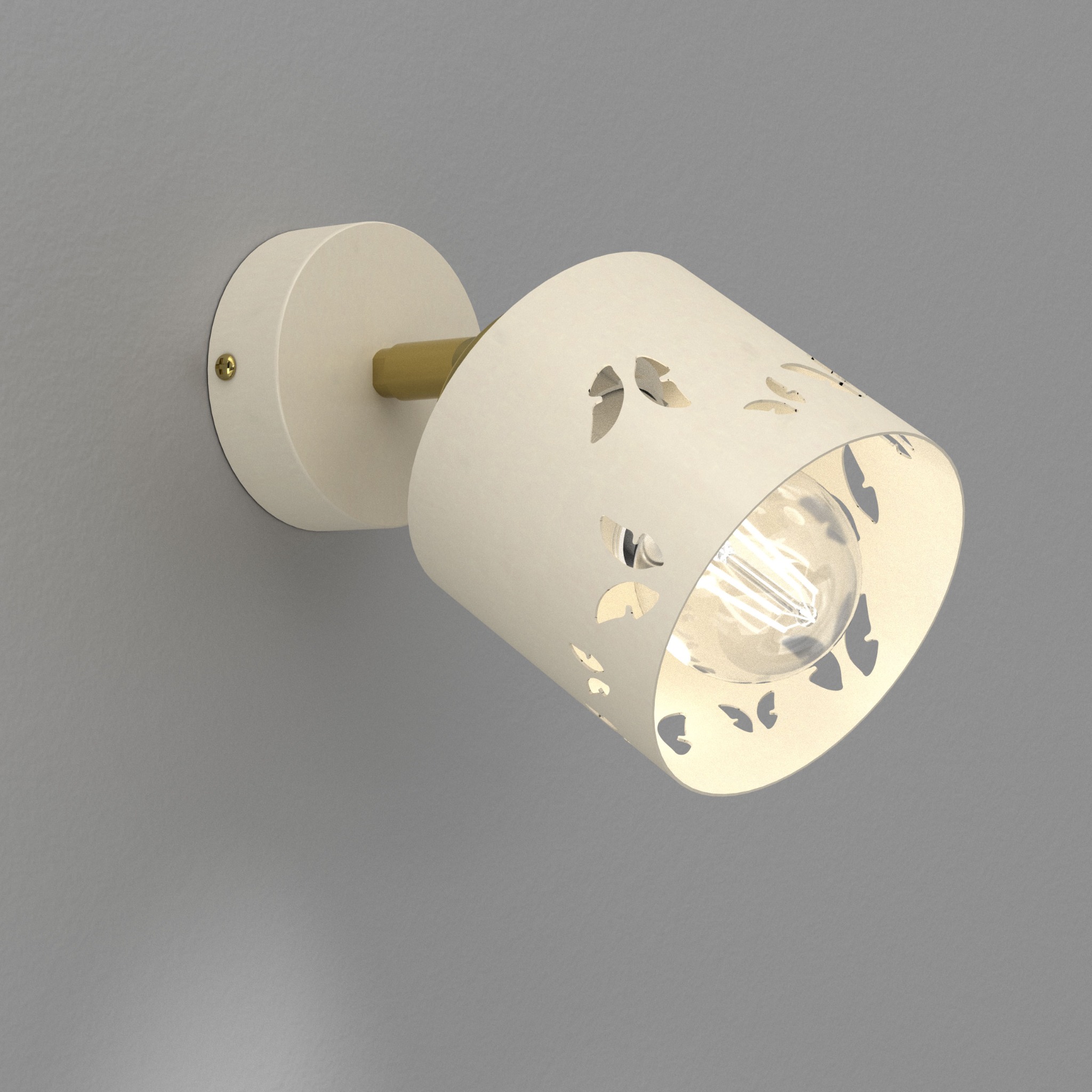 Kremowy kinkiet z ażurowym wzorem motyli, zamontowany na szarej ścianie. Żarówka Edison emituje ciepłe światło. Minimalistyczny design.