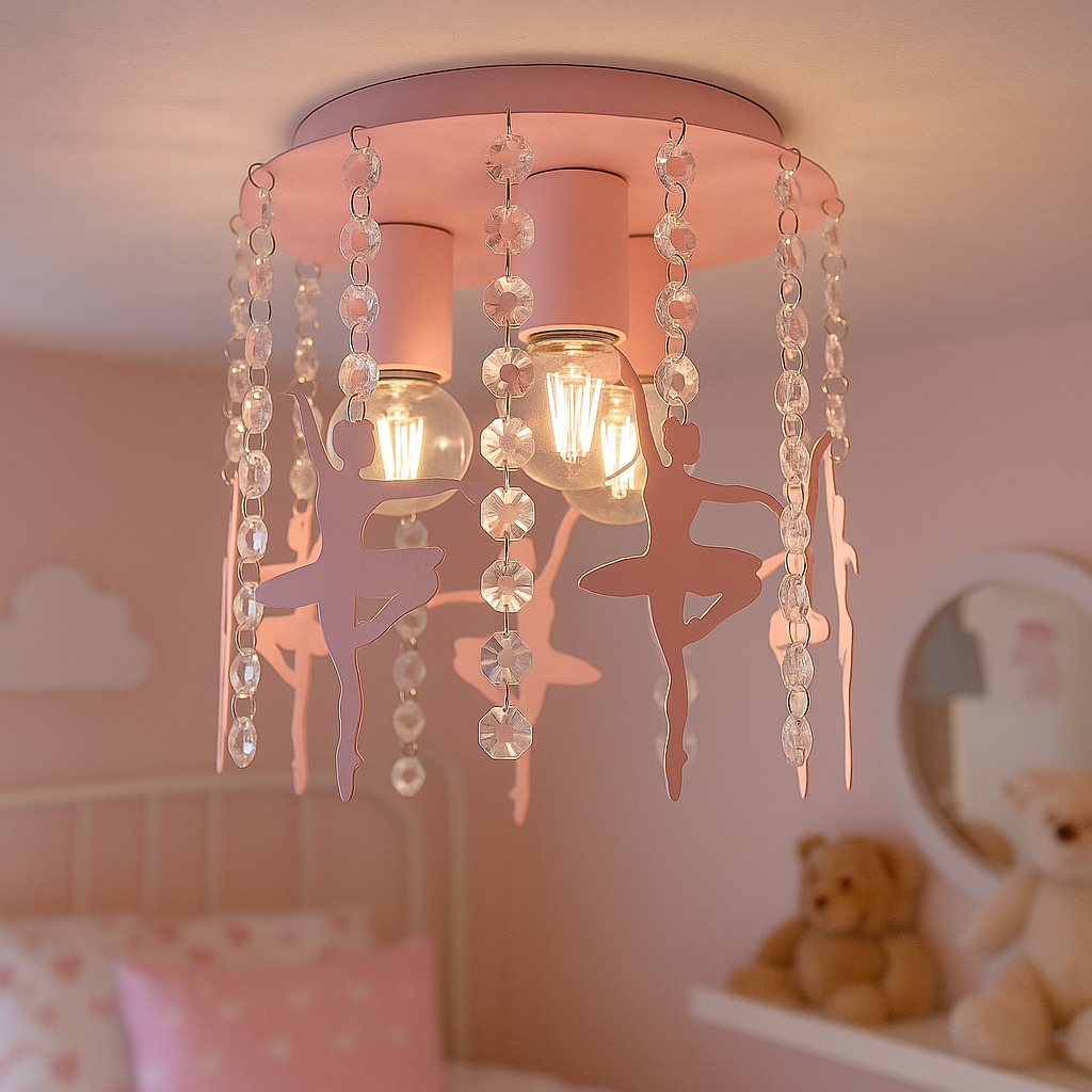 Różowa lampa sufitowa z motywem baletnic i kryształkami, oświetlająca pokój dziecięcy z łóżkiem i pluszowym misiem w tle. Ciepłe światło żarówek.