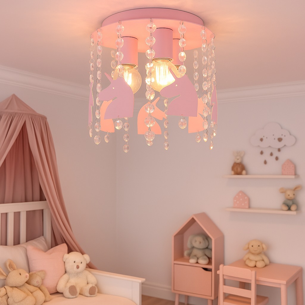 Różowa lampa sufitowa z jednorożcami i kryształkami w pokoju dziecięcym. Dwa żarniki. W tle baldachim nad łóżkiem, półki z dekoracjami i mebelki w odcieniach różu.