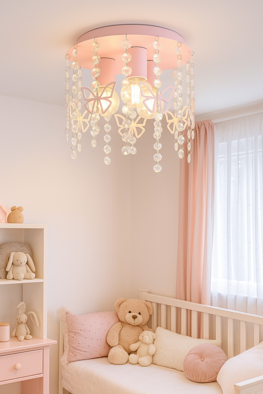 Różowy plafon z motylami i kryształkami w pokoju dziecięcym. Lampy z żarówkami Edisona, łóżeczko z pluszakami, pastelowe barwy. Dekoracyjne oświetlenie.