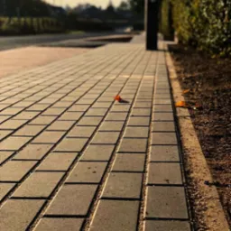 Ułożona kostka brukowa w odcieniach szarości, z pojedynczym, pomarańczowym liściem na powierzchni, w słoneczny dzień. Widoczne obrzeże i trawnik.