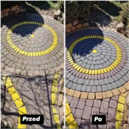 Kostka brukowa ułożona w okrągły wzór, widok z góry. Po lewej stronie zdjęcie 'Przed', po prawej 'Po' czyszczeniu. Żółte akcenty.