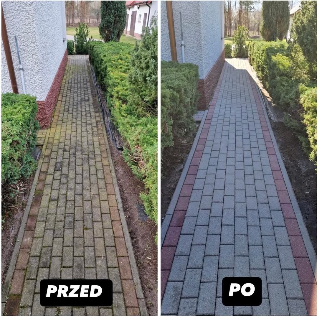 Porównanie stanu kostki brukowej przed i po czyszczeniu. Po lewej zaniedbana, po prawej świeżo umyta, z odzyskanym kolorem. Widoczna ścieżka w ogrodzie.