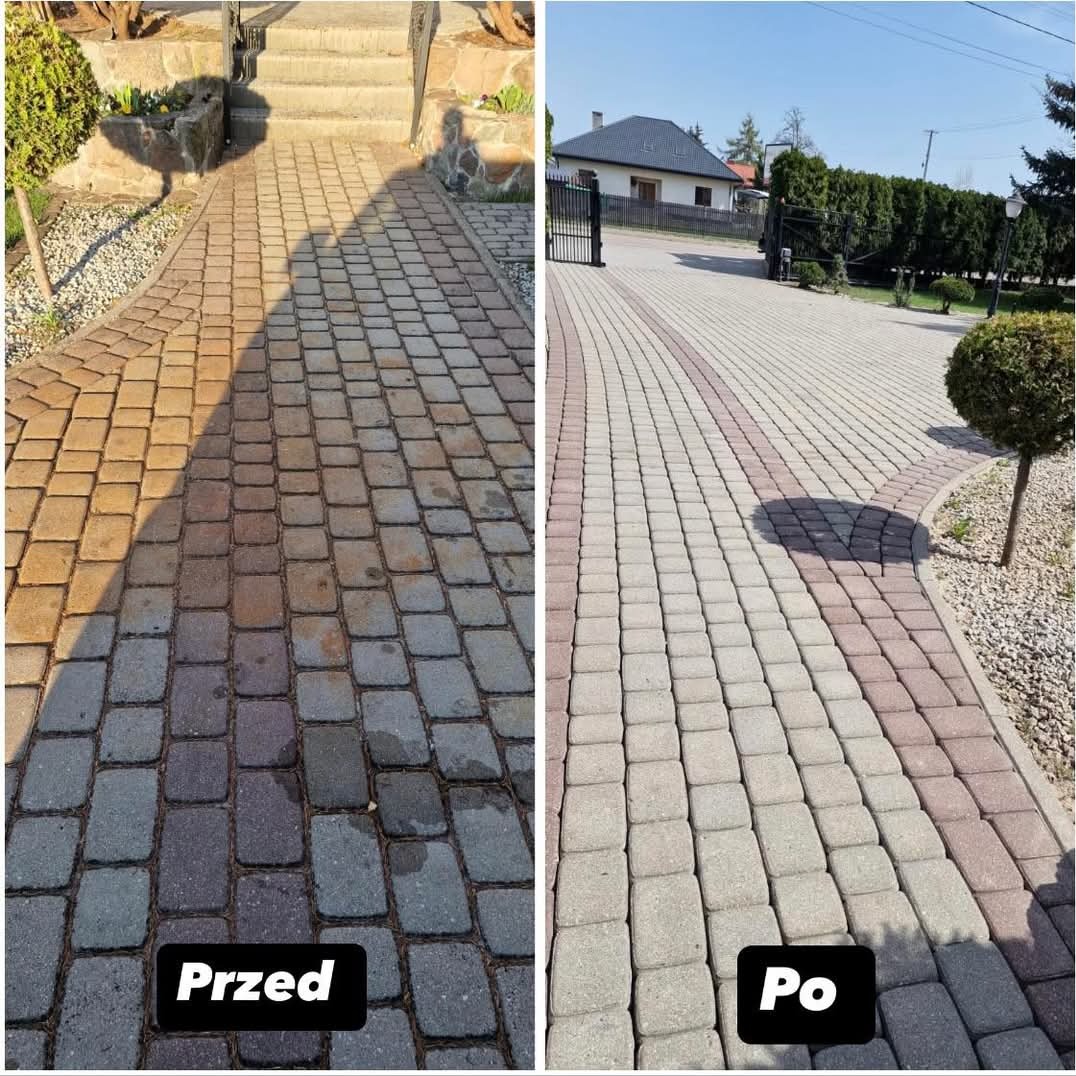 Efekt przed i po: różnica w czystości kostki brukowej na podjeździe. Lewa strona zabrudzona, prawa czysta i odświeżona, z widocznym wzorem. Słońce podkreśla detale.