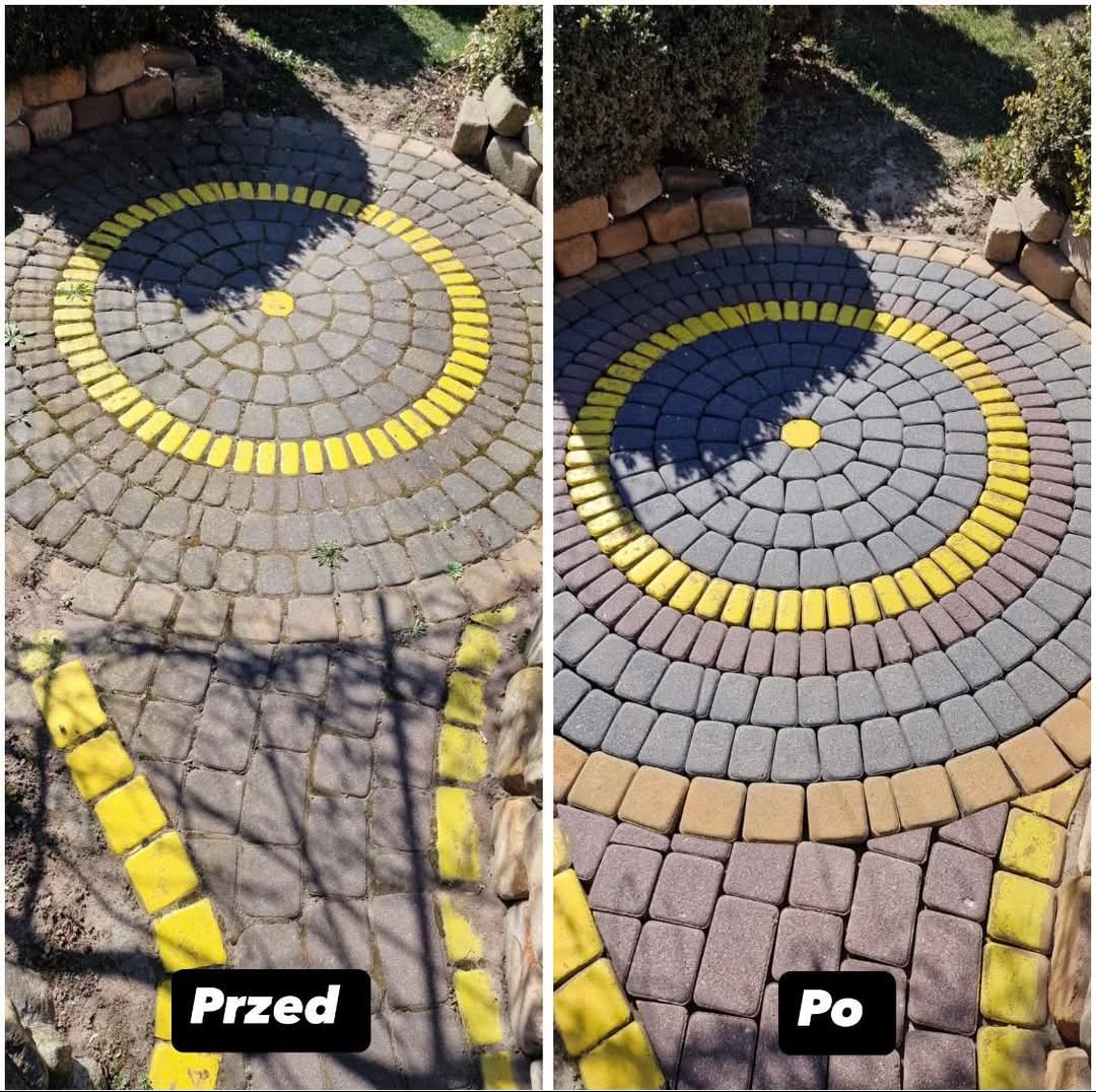 Kostka brukowa ułożona w okrągły wzór, widok z góry. Po lewej stronie zdjęcie 'Przed', po prawej 'Po' czyszczeniu. Żółte akcenty.
