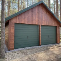 Dwustanowiskowy garaż blaszany z drewnianą elewacją w leśnej scenerii. Zielone bramy segmentowe z kluczami. Oświetlenie zewnętrzne w formie kuli.