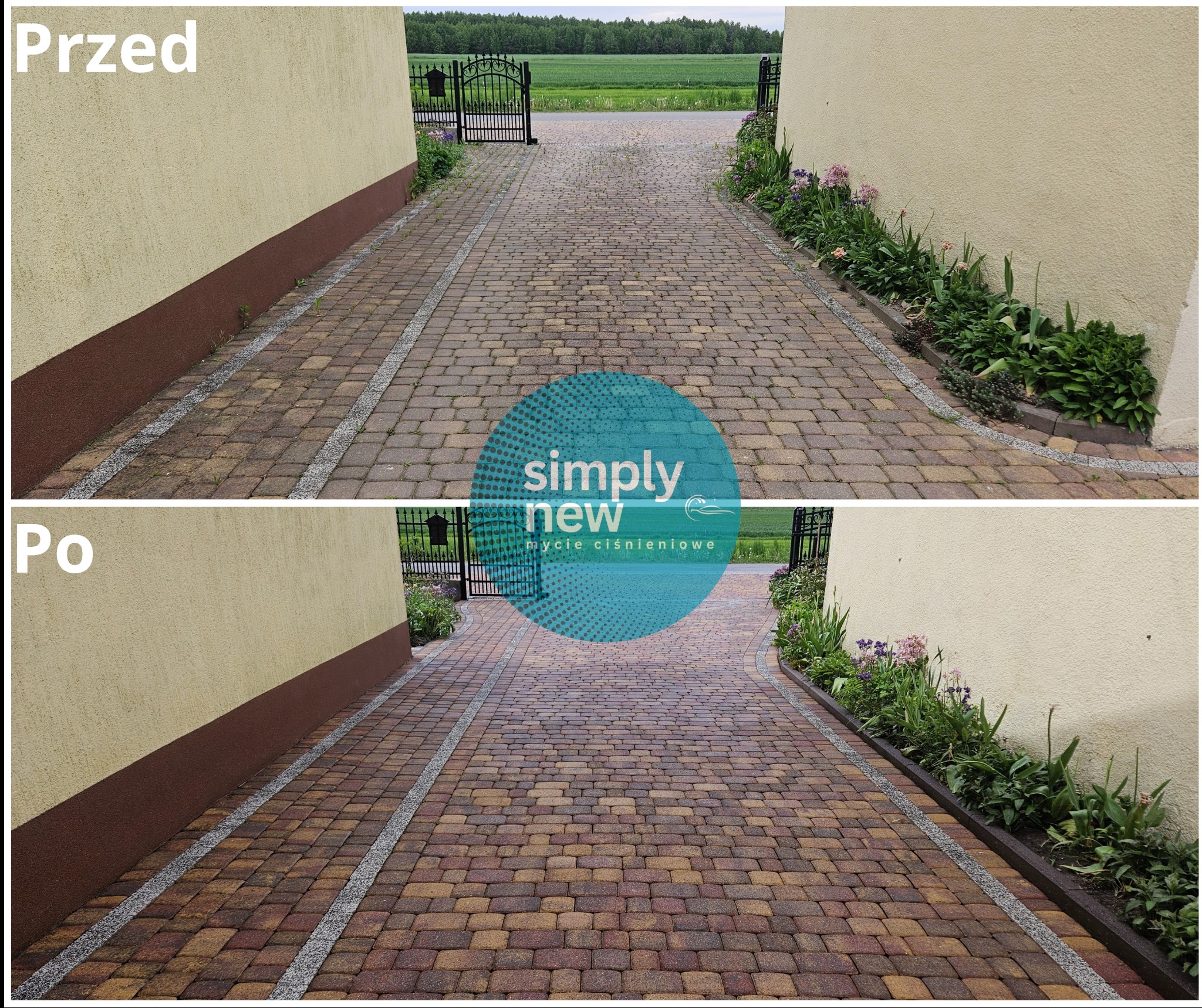 Zdjęcie 'przed i po' czyszczenia kostki brukowej na podjeździe. Widoczne różnice w czystości kostki, otoczenie budynku i brama wjazdowa w tle.
