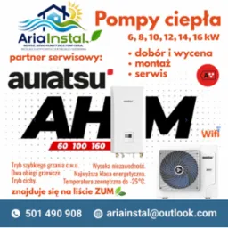 Grafika reklamowa pomp ciepła Auratsu z logo AriaInstal, informacjami o doborze, montażu i serwisie. Widoczne modele pomp, dane kontaktowe i oznaczenie klasy energetycznej A++.