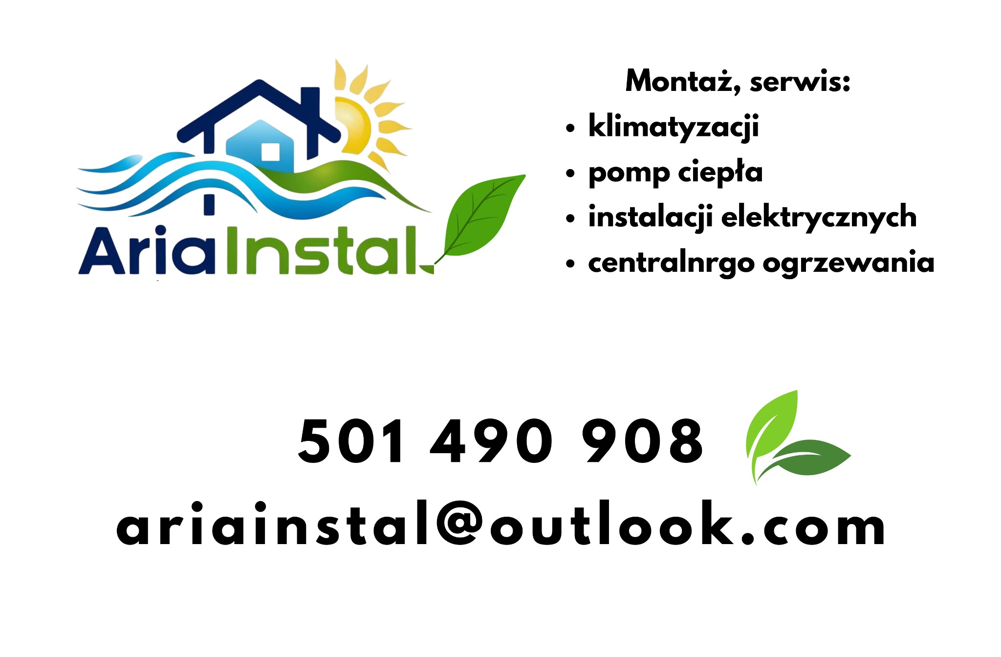 Grafika z logo firmy AriaInstal oferującej montaż i serwis klimatyzacji, pomp ciepła, instalacji elektrycznych i centralnego ogrzewania. Kontakt: 501 490 908.