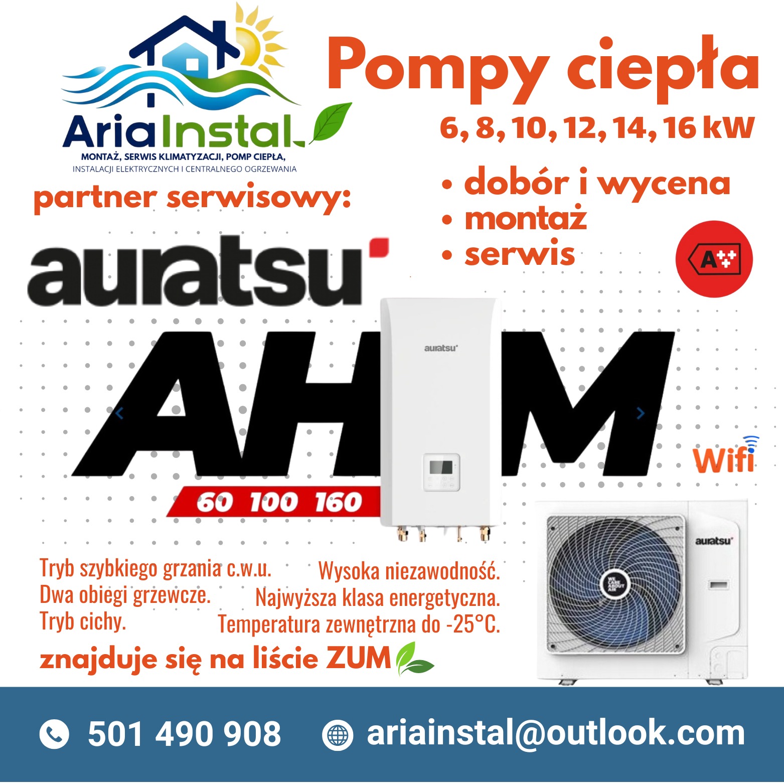 Grafika reklamowa pomp ciepła Auratsu z logo AriaInstal, informacjami o doborze, montażu i serwisie. Widoczne modele pomp, dane kontaktowe i oznaczenie klasy energetycznej A++.