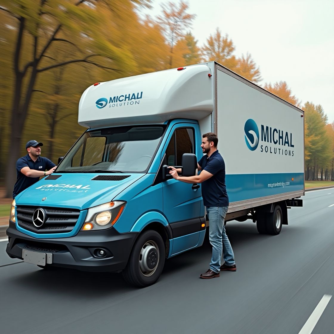 Błękitny bus dostawczy z logo firmy 'Michal Solutions' w ruchu, dwóch mężczyzn w uniformach przy pojeździe, jesienne drzewa w tle, dynamiczne ujęcie.